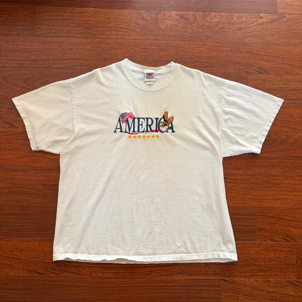 Top Threads Mens XL America T Shirt White Vintage 90s Embroidered Eagle USA Made